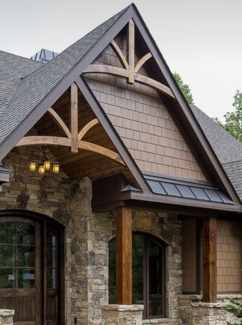 Rooflines Styles, Front Porch Gable Ideas, Stone Skirting House, Wood And Stone House Exterior, Board And Batten Exterior Colors, Modern Rustic Exterior House, Exterior Stone And Siding Combinations, Manga House, Vinyl Siding Ideas Exterior