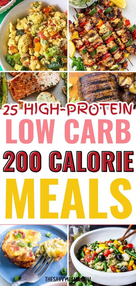 Collage of colorful and healthy high-protein, low-carb meals under 200 calories, including scrambled eggs with veggies, grilled chicken skewers, baked salmon, egg muffins, and fresh salads. Perfect for low-calorie, filling meal ideas. 400 Calorie Breakfast, 400 Calorie Lunches, Meals Under 200 Calories, 400 Calorie Meals, 200 Calorie, Quick Family Dinners, 200 Calorie Meals, Grilled Chicken Skewers, Calorie Meals