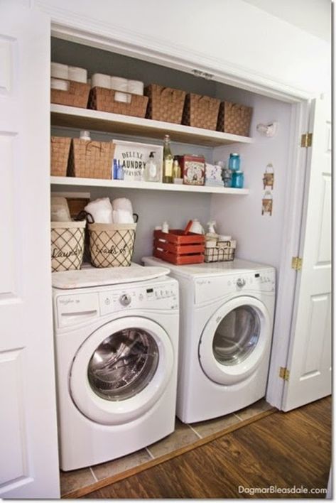 laundry room Laundry Closet Makeover, Small Laundry Room Makeover, Small Laundry Room Organization, Laundry Room Closet, Laundry Room Shelves, Blue Cottage, Laundry Closet, Small Laundry Rooms, Small Laundry Room