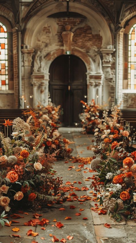 40+ Fall Wedding Ideas That Will Inspire You (Cake, Aisle, Table, Ceremony Decor, And More!) Fall Wedding Flowers Ceremony Decor, Indoor Autumn Wedding, Wedding Autumn Decoration, Wedding Autumn Ideas, Autumn Wedding Aisle, Thanksgiving Wedding Ideas, Fall Wedding Aisle Decor, Fall Theme Decor, Pumpkin Patch Wedding