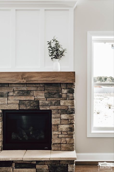 Mantel On Rock Fireplace, Wood Mantle Over Stone Fireplace, Half Rock Fireplace, Stone Fireplace Half Way Up, Stacked Stone And Shiplap Fireplace, Ledgestone Fireplace With Mantle, Stone Fireplaces With Mantle, Half Stone Half Shiplap Fireplace, Half Stone Fireplace With Mantle