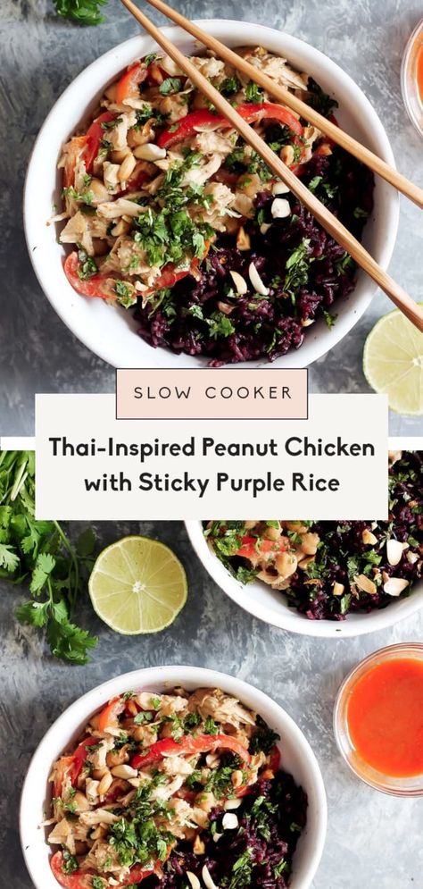 Peanut Chicken Recipe, Slow Cooker Thai, Purple Rice, Thai Peanut Chicken, Thai Peanut, Peanut Chicken, Slow Cooked Meals, Healthy Slow Cooker, Thai Food