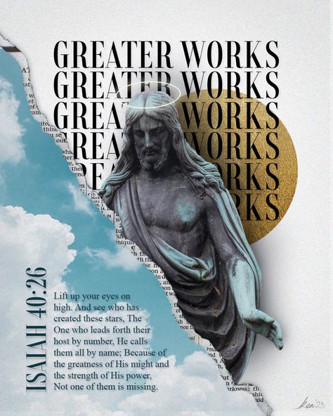 Paper cut out collage of a statue of Jesus and strong typography and a scripture Worship Poster Design, Christian Poster Design, Worship Poster, Christian Magazine, Christian Branding, Graffiti Alphabet Wildstyle, Jesus Poster, Church Branding, Christian Graphic Design