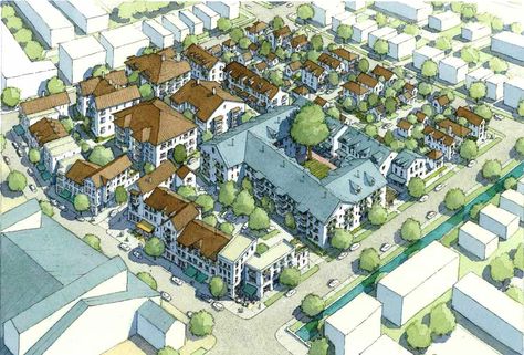 Neighborhood Street, Village Design, Town Planning, Master Planning, New Urbanism, Urban Design Concept, Urban Village, Urban Design Plan, Perspective Drawing Architecture