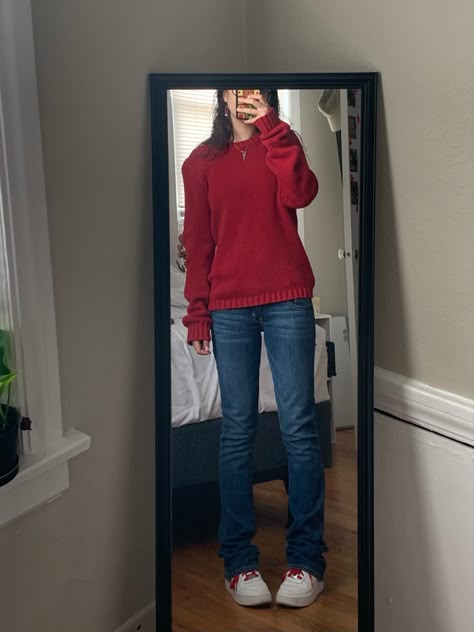 School Cold Weather Outfits, Red Shirt And Blue Jeans Outfit, Red Shirt With Jeans Outfit, Red Sweater Blue Jeans Outfit, How To Style Red Long Sleeve Shirt, Red Shirt Winter Outfit, Red Shirt Jeans Outfit, Red Crew Neck Outfit, Red Long Sleeve Shirt Outfit Aesthetic