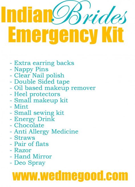 Indian Brides Emergency Kit Wedding Essentials Checklist, Pre Wedding Checklist, Indian Wedding Planning Checklist, Bride Emergency Kit, Bridal Emergency Kits, Wed Me Good, Wedding Emergency Kit, Indian Wedding Ideas, Things To Pack