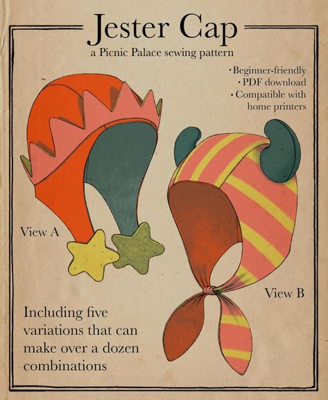 This cap pattern will help you make the perfect hoods for all your jester nonsense. It comes with two variations and two optional add-ons (horns and star tabs!), so you can use these instructions again and again to really build out your costume trunk. It is very beginner-friendly, and I'd definitely recommend it for anyone who's looking for a fun first project. Sewing Project Clothing, Gifts I Can Make, Fabric Hat Pattern, Easy Sewing Patterns Free Plushies, Beanie Pattern Free Sewing, Stuff To Sew Easy, Sew Winter Hat, Jellyfish Sewing Pattern, Bijoukitty Plush Pattern