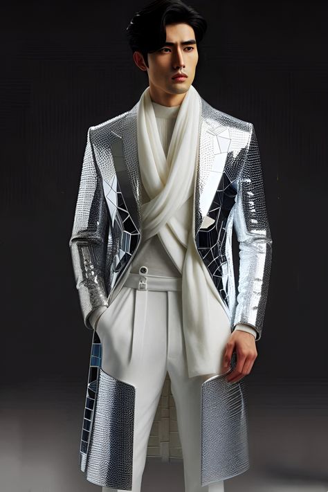 Unique men's futuristic clothing design. Made with AI @Copyright by អាណាចក្រសម្រស់ [[ Beauty Empire ]] 🇰🇭 Futuristic Corporate Fashion, Futuristic Male Outfit, Sci Fi Mens Fashion, Formal Cyberpunk Outfit Male, Sci Fi Fashion Futuristic, Bao Costume, Futuristic Outfit Men, Futuristic Clothing Men, Cyberpunk Outfit Male