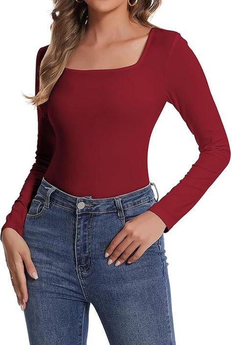 SHAPERIN Women Long Sleeve T-Shirt Elegant Square Neck Top Blouse Plain Stretchy Shirt Casual Tee, Wine Red, M : Amazon.co.uk: Fashion Meghan Markle Outfits, Blusas Top, Blazer Cardigan, Shirt Elegant, Wine Shirts, Wine Top, Plain Blouse, Square Neck Top, Long Sleeve Tops Casual