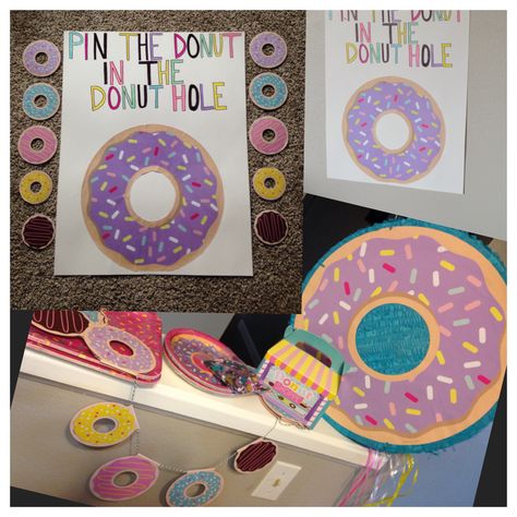 Pin the tail game.. Pin the donut in the donut hole 8 Donut Birthday, Donut Class Party, Donut Sixth Birthday, Donut Theme Games, Donut Themed Birthday Party Games, Pin The Sprinkle On The Donut Game, Donut Diy, Donut Games, Donut Theme Party