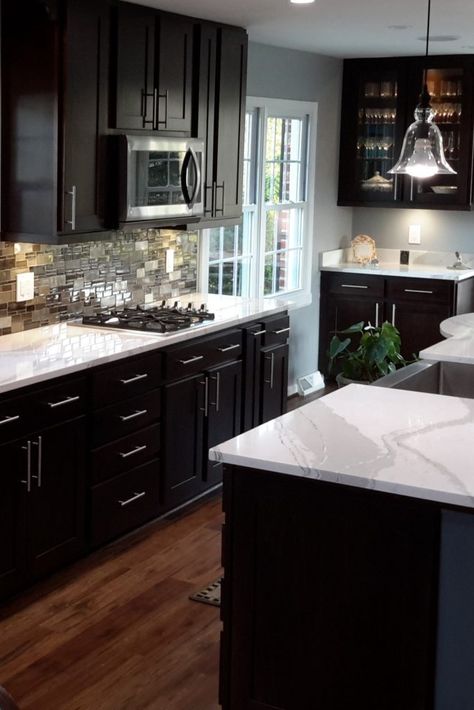 Dark Kitchen Cabinets With Light Countertops | Home Designs Dark Cabinets With Light Countertops, Dark Brown Kitchen Cabinets, Light Countertops, Dark Cabinets Light Countertops, Brown Kitchen Cabinets, Brown Cabinets, Black Kitchen Cabinets, Dark Kitchen, Brown Kitchens