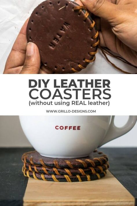 An easy to follow tutorial on how to make DIY Leather coasters without using real or faux leather. Learn how to make coasters using leather effect fimo clay. #diycoasters #leathercoasters #coasters #leathercrafts #diycrafts Pretty Coasters, Make Coasters, Diy Leather Working, Diy En Cuir, Diy Leather Projects, Leather Craft Projects, Leather Bag Pattern, Diy Leather Bag, How To Make Coasters