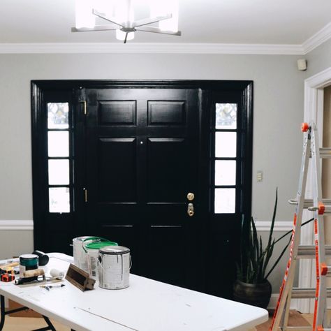 Black Interior Front Door Entry Ways, Black Front Door Interior Entryway, Interior Front Door Black, Front Door Interior Entryway, Black Front Door Interior, Black Interior Front Door, Front Doors Painted Black, Restoration Hardware Diy, Foyer Paint Colors