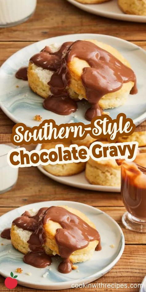 Southern-Style Chocolate Gravy Recipe - Cooking with Recipes Chocolate And Biscuits, Choc Gravy Recipe, Chocolate Biscuits And Gravy, Crockpot Chocolate Gravy, Chocolate Gravy Pie, Southern Style Breakfast, Best Chocolate Gravy Recipe, Homemade Southern Recipes, Biscuits And Chocolate Gravy