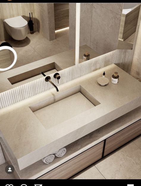 Lusso Stone Basin, Big Mirror Bathroom, Warm Neutral Bathroom, Scandinavian Style Bathroom, Scandinavian Bathroom Design Ideas, Neutral Bathrooms Designs, Bathroom Design Styles, Bathroom Sink Design, Bathroom Decor Luxury