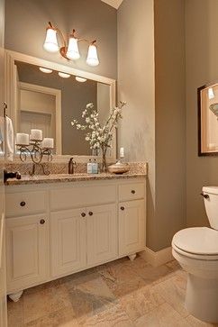 Powder Room Design Ideas, Pictures, Remodels and Decor Off White Countertops Bathroom, Bathroom Remodel Tan Countertop, Bathroom Ideas Tan Tile, Creamy Bathroom Ideas, Small Tan Bathroom Ideas, Beige And Gold Bathroom Ideas, Bathroom With Tan Countertop, Bathroom Tan Countertop, White And Tan Bathroom Ideas