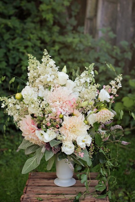 dahlias, apple mint, sedum, joe pye weed, northern sea oats, PG hydrangea, lisianthus, lambs ear, gomphrena, wild grape, poke weed Joe Pye, Sea Oats, Forest Theme Wedding, Apple Mint, Large Flower Arrangements, Hydrangea Arrangements, Summer Bouquet, Topiaries, Bouquet Arrangements