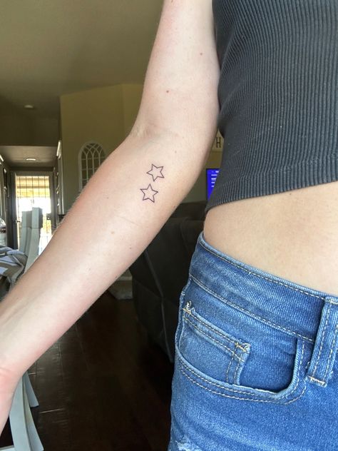 #armtattoo #startattoo #tattoo #smalltattoo #smalltattoosforwomen #stars Star Tattoos On Arm, Star Tattoos Collar Bone, Cluster Of Stars Tattoo, Arm Star Tattoo, Traditional Star Tattoo, Star Arm Tattoo, Two Stars Tattoo, Star Tattoo Arm, Matching Star Tattoos