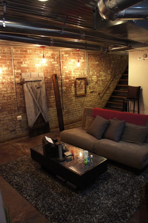 Like the exposed pipes (height added), brick wall and sliding barn door for the basement. Industrial Ideas, Industrial Basement, Basement Inspiration, Cozy Basement, Diy Basement, Basement Bedroom, Basement Apartment, Basement Stairs, Small Basements