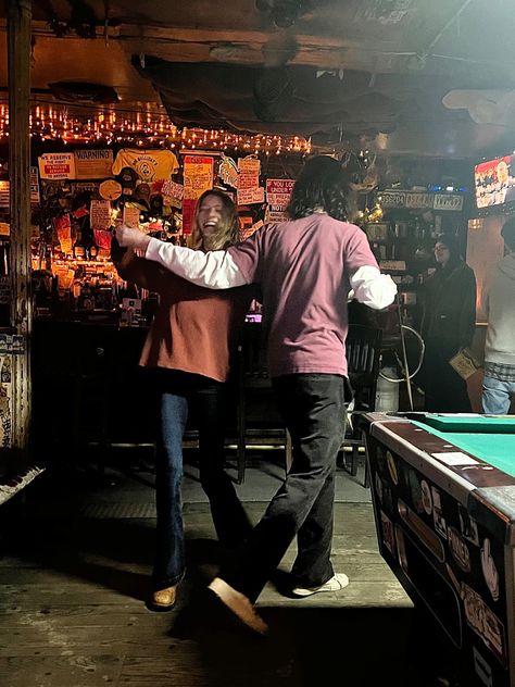 Dancing In Refrigerator Light, Couples Party Aesthetic, Dancing In A Bar Aesthetic, Dancing In The Living Room Aesthetic, New York Dive Bar, Square Dancing Aesthetic, Bar Dancing Aesthetic, Downtown Bar Aesthetic, Bar Photoshoot Ideas Friends