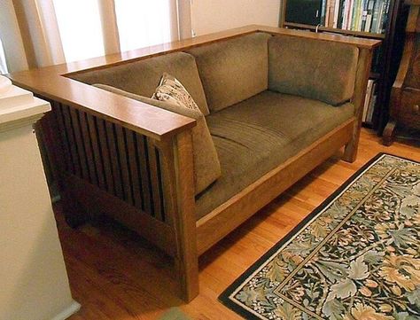 Simply Amish - Quarter-sawn White Oak Prairie-style Love Seat - Sage Green Upholstery - Mission - Craftsman - Bungalow Craftsman Style Couch, Connecticut House, American Bungalow, Craftsman Style Furniture, Arts And Crafts Bungalow, Green Upholstery, Craftsman Homes, Craftsman Bungalow, Wooden Bed Design