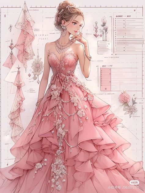 Pink Fantasy Dress Drawing, Fantasy Princess Dress Aesthetic, Pink Fantasy Dress, Fantasy Dress Art, Princess Dress Aesthetic, February Style, Fantasy Dress Drawing, Dress Queen, Pink Ball Gown