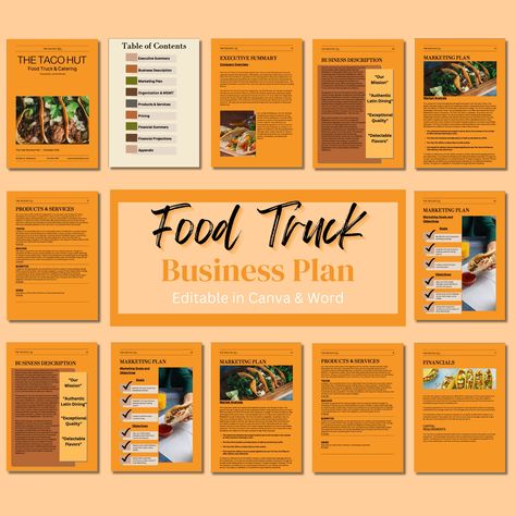 The Ultimate Food Truck Business Plan: Your Roadmap to Success! Are you dreaming of running your own thriving food truck business? Look no further! Our Food Truck Business Plan is the perfect companion for ambitious entrepreneurs like you, providing a comprehensive roadmap to turn your culinary dreams into a delicious reality. Key Features:     Easy to Edit: We understand that every food truck business is unique. Our user-friendly template allows you to effortlessly customize the plan to match y Food Truck Business Plan, Strategic Marketing Plan, Food Truck Catering, Online Business Plan, Truck Business, Food Truck Business, Writing Guide, Taco Truck, Creating A Business Plan