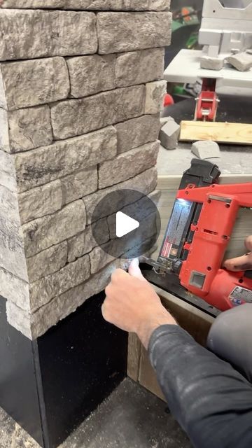 Kevin Choquette on Instagram: "This is a cool feature we used for the booth.  An @evolve.stone removable column wrap that made 2 trips and 3 setups with no damage.  Cuts with a regular wood blade, fastens with finish nails.   And of course we topped it off with a built out versawrap kit and some @inlite_global lighting!  #carpentry #deckbuilding #tipsandtricks #masonry #stone #composite #decking #pvc" Stone Column Wrap, Diy Stone Pillars, Patio Posts Wraps, Patio Columns Ideas, Diy Column Wrap, Column Wrap Ideas, Evolve Stone, Brick Columns Porch, Deck Post Wrap Ideas