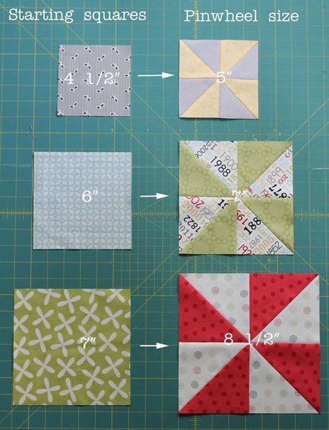 Pinwheel sizes, Cluck Cluck Sew  Fast HST method - starch the starting squares = 4 HSTs turn out perfectly.  Here are the starting square sizes and finished pinwheel sizes from them Pinwheel Quilt Pattern, Pinwheel Quilt Block, Quilting Math, Cluck Cluck Sew, Half Square Triangle Quilts, Pinwheel Quilt, Star Blocks, Quilt Block Tutorial, Triangle Quilt