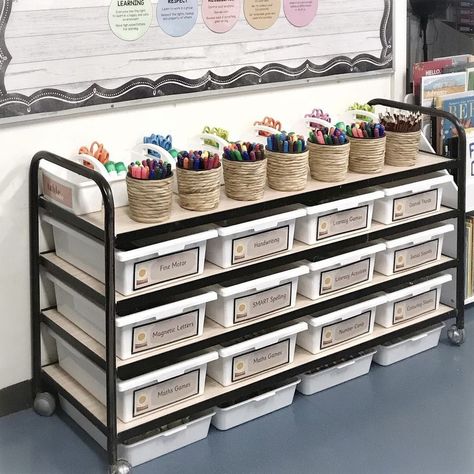 Classroom Bin Organization, Finished Work Bin Classroom Organization, Organizing Classroom Ideas, Class Set Up Classroom Layout, Classroom Stationary Organisation, Storage Ideas For Classrooms, Classroom Teacher Organization, Classroom Manipulative Storage, Stem Classroom Organization