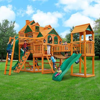 Cedar Summit by KidKraft Devonshire Elite Playset Gorilla Playsets, Backyard Swings, Wooden Swing, Wood Roof, Playset Outdoor, Solar Wall Lights, Wooden Swings, Monkey Bars, Backyard Play