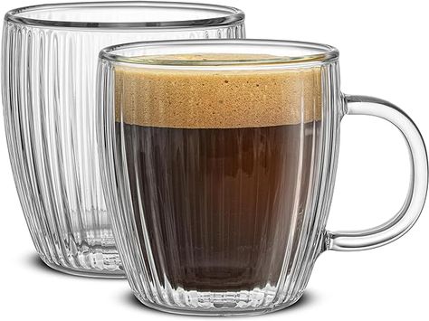 JoyJolt Fluted Glass Espresso Cups, 5.4oz Espresso Cup - Set of 2 Espresso Mugs Fluted Glassware, Espresso Mugs, Glass Cup Set, Tall Coffee Mugs, Fluted Glass, Thermal Cup, Espresso Cups Set, Insulated Coffee Mugs, Glass Coffee Mugs