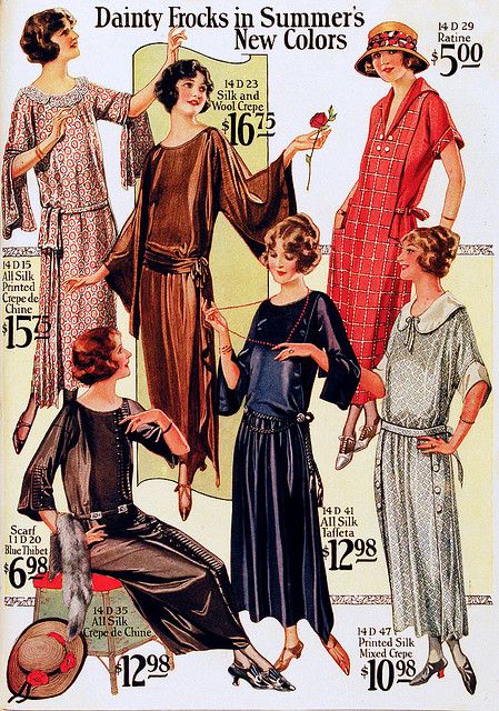 1920s dresses catalog page: short sleeve, flare sleeve, dropped waistline, heels, curly short hair - I pinned it because i like their hairstyle 1920s Advertisements, 1920s Day Dress, Style Année 20, Fashion 1920s, 1920s Dresses, Downton Abbey Fashion, Patron Vintage, 1920s Outfits, Fashion Ads