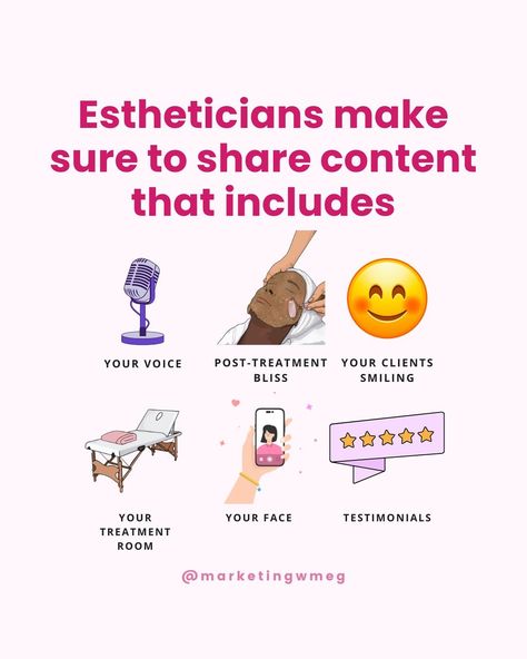 When sharing to your feed make sure to include these types of content! 💕 New to my content? Hi, I’m Meghan 🙋‍♀️the owner of @marketingwmeg . I help Estheticians grow an engaged community ready to book. Since 2019 I’ve helped thousands of skincare professionals just like yourself grow online! My philosophy is quality> quantity because let’s face it, marketing is just one of the many hats you wear as a spa owner. I teach you how to build communities, not profiles. Why? Because we’re i... Bookings Available Spa, Esthetician Knowledge, Esthetician Content, Skincare Marketing, Facial Esthetician, Medical Spa Marketing, Esthetician Inspiration, Esthetician School, Esthetician Instagram