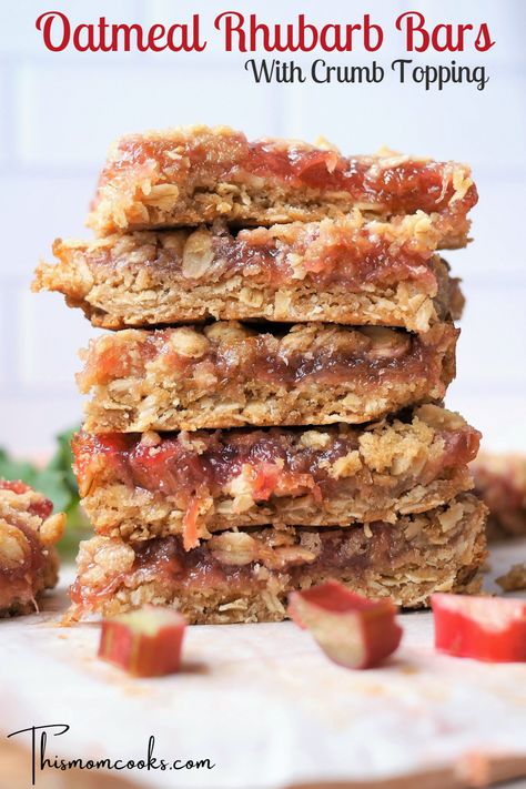 Rhubarb Squares Oatmeal Bars, Baking With Rhubarb, Amish Oatmeal Rhubarb Bars, Rhubarb Oatmeal Bars Recipes, Amish Rhubarb Bars, Gluten Free Rhubarb Bars, Rhubarb Quick Bread Recipes, Quick Rhubarb Recipes, Cranberry Rhubarb Recipes