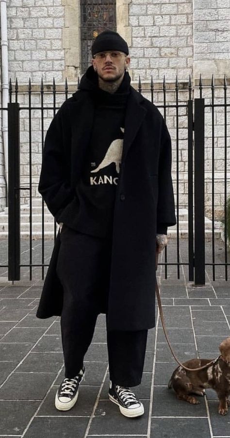 Men’s Winter Aesthetic, London Male Fashion, Ny Winter Outfits Men, Balenciaga Male Model, Mens Winter Dressy Outfits, Mens All Black Streetwear, Mens Clothing Styles Winter 2023, Men’s Long Black Coat Outfit, Topcoat Men Outfit