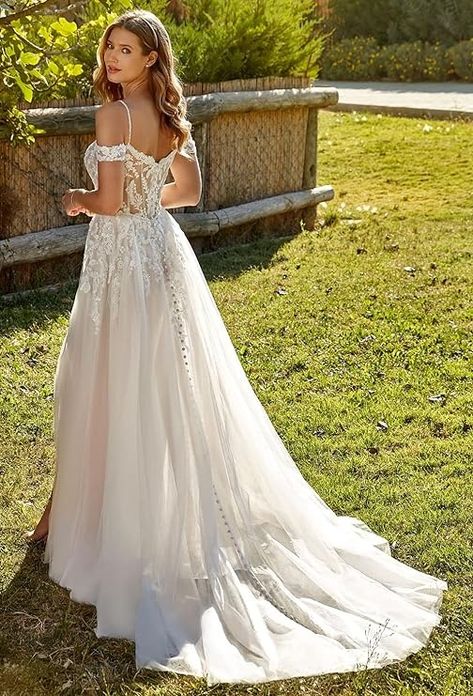 SEIM Lace Appliqued Wedding Dresses for Bride 2024 Beach Wedding Bridal Gowns for Women SE002 at Amazon Women’s Clothing store Bride 2023, Country Bridal Gown, Long Beach Wedding Dresses, Wedding Dresses Spaghetti Strap, Dresses For Bride, Eddy K, Wedding Dress Patterns, Aline Wedding Dress, Bohemian Wedding Dresses