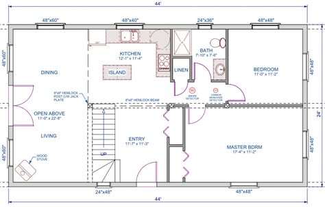 Floor plan main floor of 24'x44' home Cabin Floor Plans With Loft, Vaulted Ceiling Bedroom, Home Building Kits, Loft Floor Plans, Room Floor Plan, Loft Floor, Log Cabin Kits, Pole Barns, Cabin Floor Plans