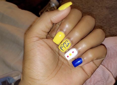 #sgrho #1922 #PrettyPoodles #Nails #SgrhoNails #BlueandGold Sigma Gamma Rho Nail Designs, Sigma Gamma Rho Nails, Sgrho Nails, Pretty Poodles, Inspired Nails, Sigma Gamma Rho, Blue Nails, Simple Nails, Acrylic Nails