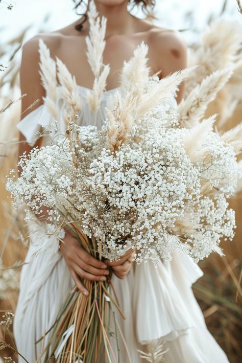 Boho Wedding Bouquet – Baby’s Breath and Pampas Grass Pampas Grass For Wedding, Weddings With Pampas, Pampa Wedding Bouquet, Pampas Grass Fall Wedding, Boho Wedding Bridesmaids Bouquets, Pompis Grass Wedding Decor, White Rose Pampas Grass Boutonniere, Bouquet With Pampas And Eucalyptus, Wedding Bouquets With Wheat