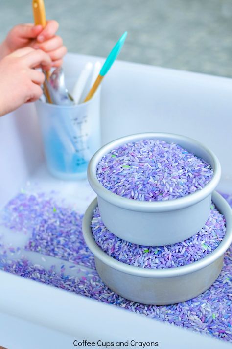 Lavender Rice Sensory Bin, Rice Sensory Bin, Sensory Play Recipes, Sensory Rice, Mom Crafts, Sensory Games, Lavender Cake, Play For Kids, Fun Mom