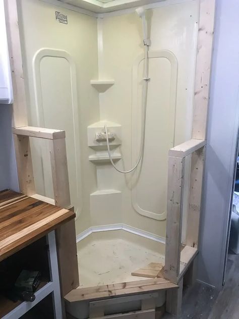 Complete DIY RV Shower Remodel for Under $300￼ Rv Corner Shower Ideas, Fifth Wheel Shower Remodel, Rv Shower Skylight Cover Diy, Rv Tub Remodel, Fifth Wheel Bathroom Remodel, Rv Bathroom Shower Remodel, Rv Shower Renovation, Rv Corner Shower Remodel, Remodel Camper Ideas