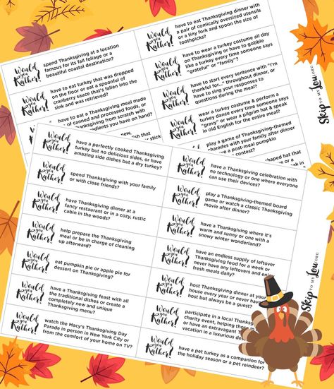 Thanksgiving Would You Rather | Skip To My Lou Thanksgiving Ice Breakers, Fun Thanksgiving Games, Pie Eating Contest, Turkey Costume, Free Printable Thanksgiving, Thanksgiving Worksheets, Thanksgiving 2023, Skip To My Lou, Free Printable Cards