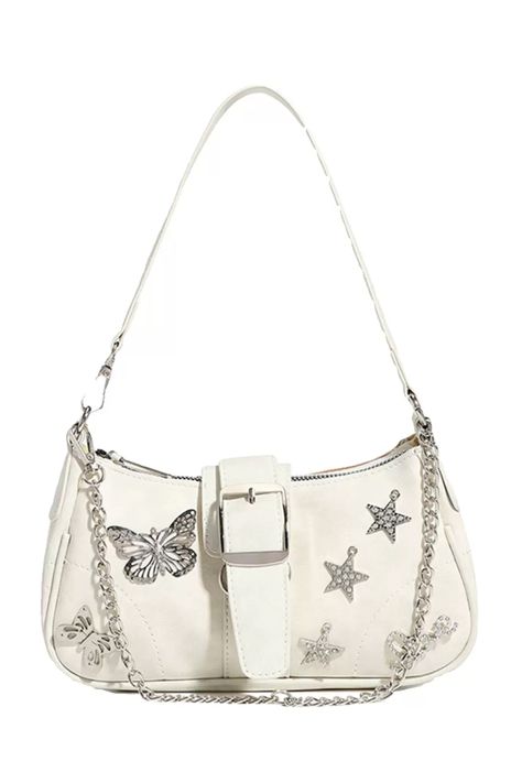 Y2K Star Butterfly White Handbag, cute baguette bag, 2000s aesthetic accessories, boogzel Handbags Aesthetic, Bag 2000s, Aesthetic Purse, Aesthetic Store, Accesorios Aesthetic, Accessories Y2k, Bag Png, Y2k Bags