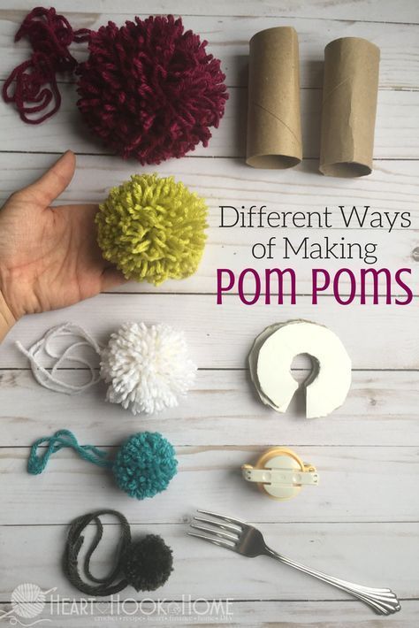 Different Methods of Making Pom Poms http://hearthookhome.com/different-methods-making-pom-poms/?utm_campaign=coschedule&utm_source=pinterest&utm_medium=Ashlea%20K%20-%20Heart%2C%20Hook%2C%20Home&utm_content=Different%20Methods%20of%20Making%20Pom%20Poms Making Pom Poms, Diy Pom Poms, Pom Pom Rug, Diy Pom Pom, How To Make A Pom Pom, Yarn Pom Pom, Pom Pom Crafts, Diy Hacks, Yarn Crafts