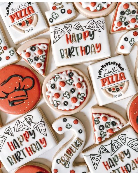 Pizza Sugar Cookies, Pizza Birthday Cake, Sugar Cookie Pizza, Pizza Cookies, Pizza Party Birthday, Birthday Pizza, Cookie Pizza, Bridal Shower Cookies, Donut Wall