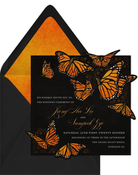 Monarch's Tale Invitations in Orange | Greenvelope.com Orange Quinceanera, Butterfly Quinceanera Theme, Butterfly Quince, Butterfly Theme Party, Butterfly Garden Party, Butterfly Baby Shower Theme, Mexican Quinceanera Dresses, Timeless Wedding Invitations, Butterfly Invitations