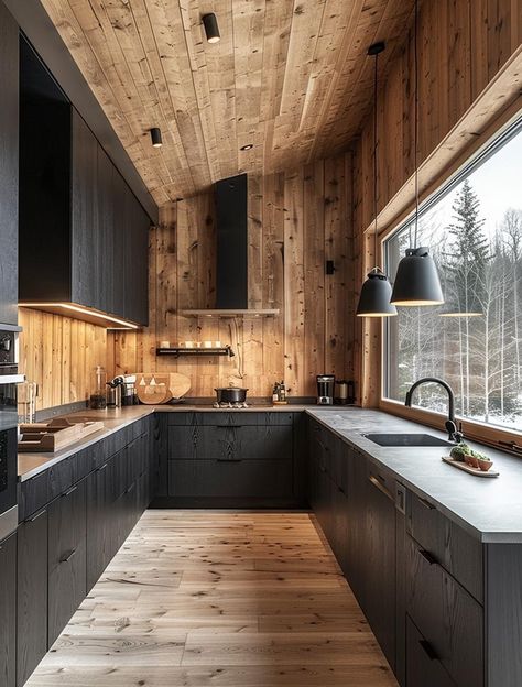 Chalet Kitchen, Bathroom Lighting Ideas, Modern Kitchen Storage, A Frame House Plans, Hunting Cabin, Black Kitchen Cabinets, Right Light, Cabin Kitchens, Luxury Cabin