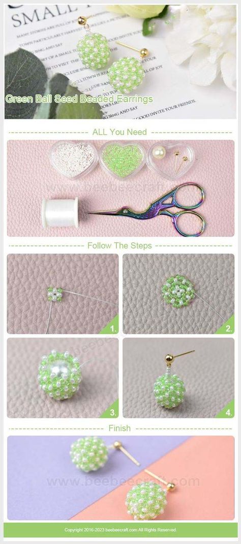 #US-Stock.Pandahall Green Ball Seed Beaded #Earrings. They're a stylish accessory for free-spirited individuals! 🌼💚 Seed Beaded Earrings, Beaded Ball, Diy Jewelry Earrings, Native Beadwork, Beaded Bracelets Tutorial, Bee Crafts, Ball Earrings, Make Your Own Jewelry, Craft Tutorial