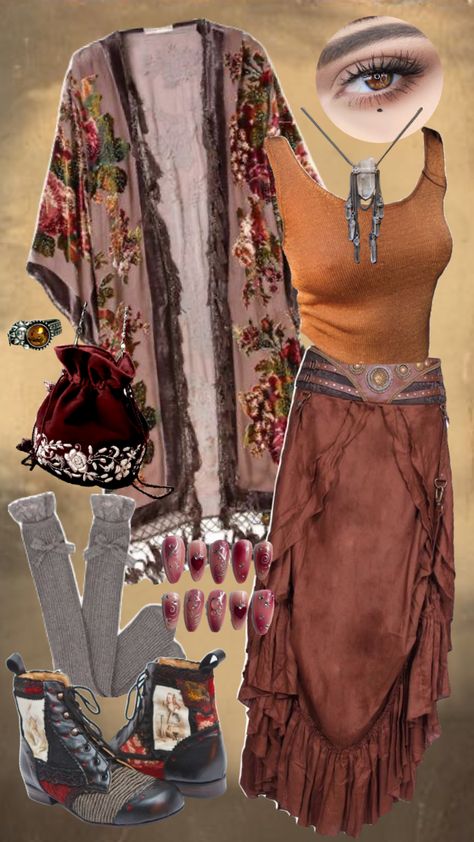 Autumn witch #witch #whimsical #hippievibes #vibes #nature #art #whimsigoth #witchy Autumn Boho Outfits, Nature Aesthetic Outfit, Cottagecore Aesthetic Outfits, Witch Aesthetic Outfit, Witchy Outfits, Boho Witch, Autumn Witch, Earthy Outfits, Fairy Clothes